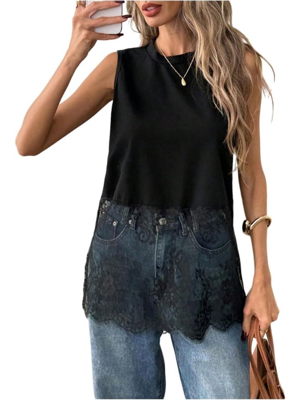 Lace Patchwork Sleeveless Tank Top - Stylish Crewneck Tee for Women